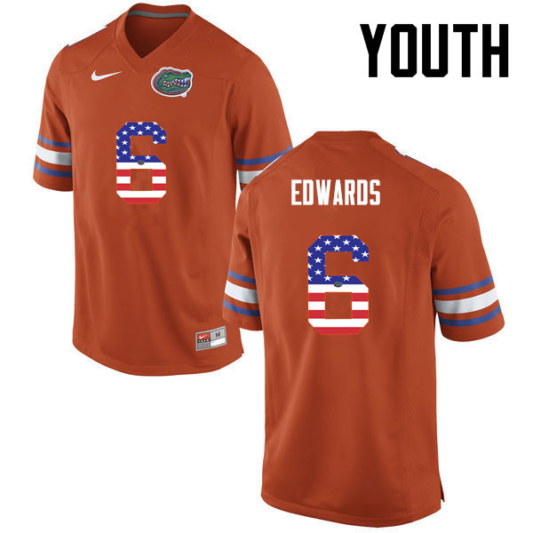 Youth Florida Gators #6 Brian Edwards College Football USA Flag Fashion Jerseys-Orange - Click Image to Close